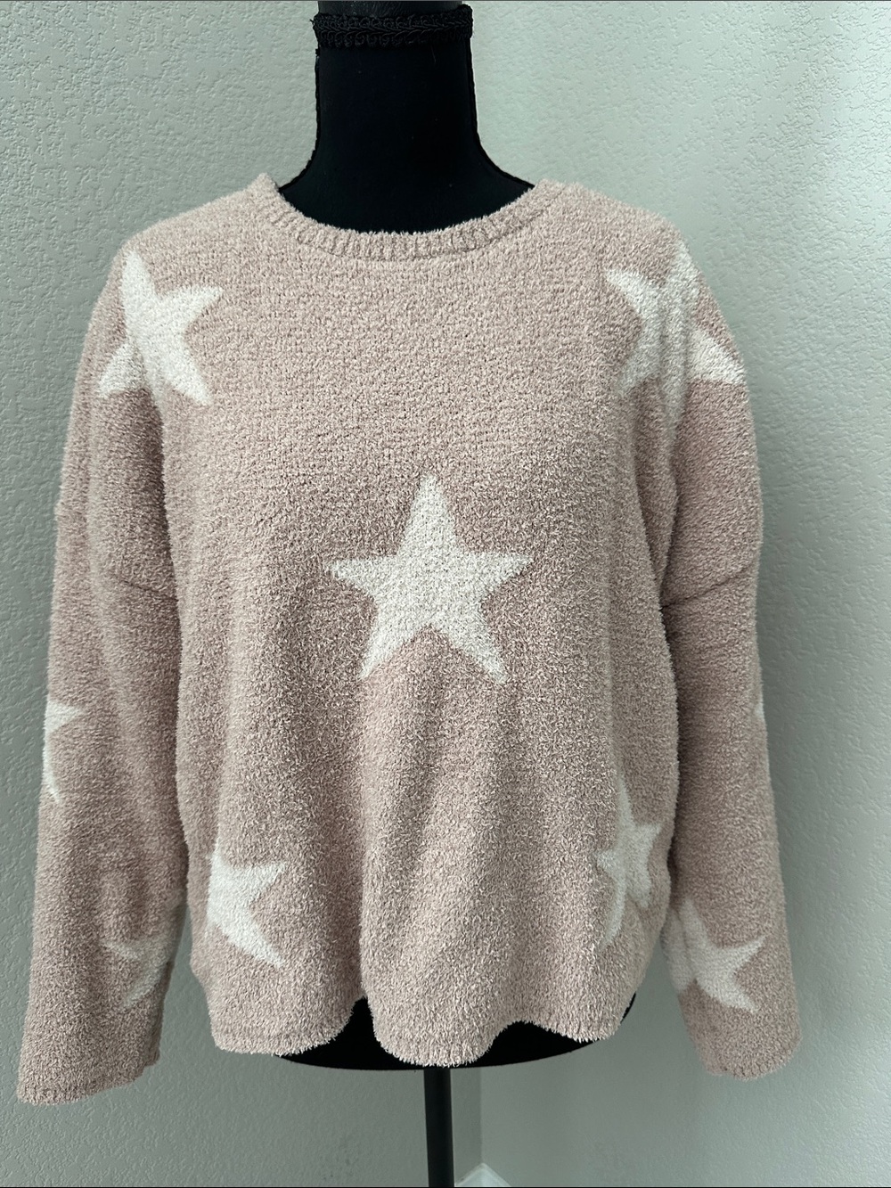 Francesca's Collections Blush Pink Star Plush Crewneck Sweater